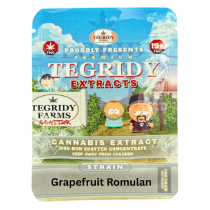 Tegridy Extracts Grapefruit Romulan shatter packaging featuring premium indica cannabis concentrate in Canada