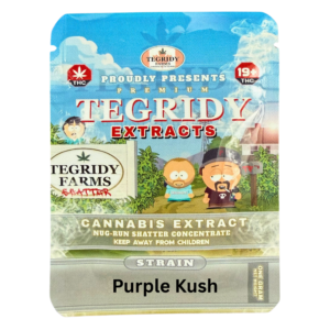 Tegridy Extracts Purple Kush shatter packaging featuring premium indica cannabis concentrate in Canada